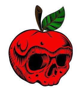 A red apple with a green leaf and a skull on it