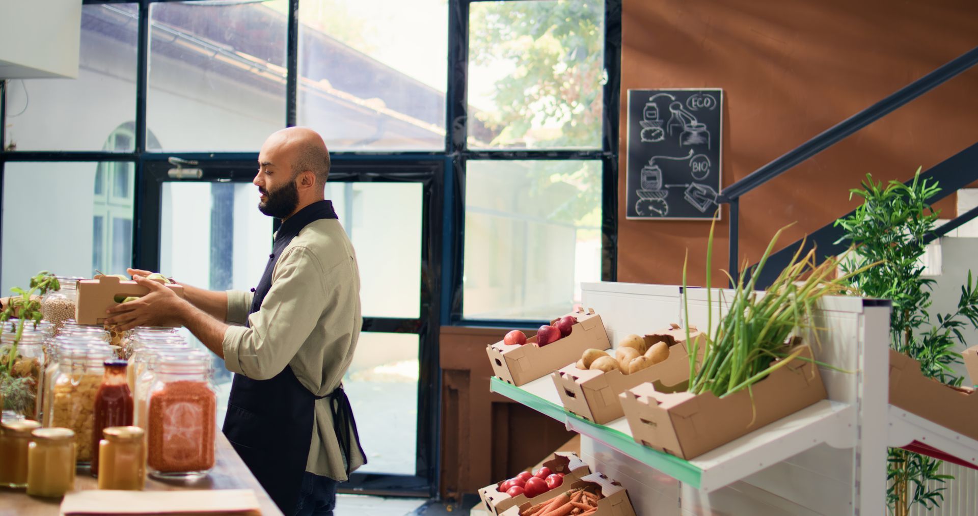 A worker in a beige shirt and apron organizes jars and fresh produce in a brightly lit, modern grocery store.