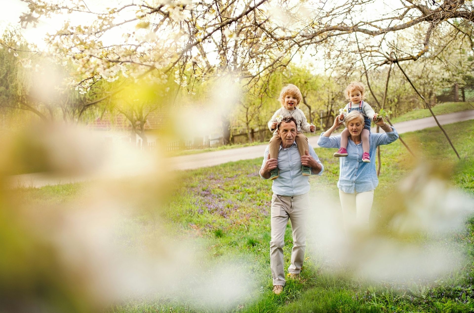 Adults carry two children on their shoulders through a sunny, blooming orchard.