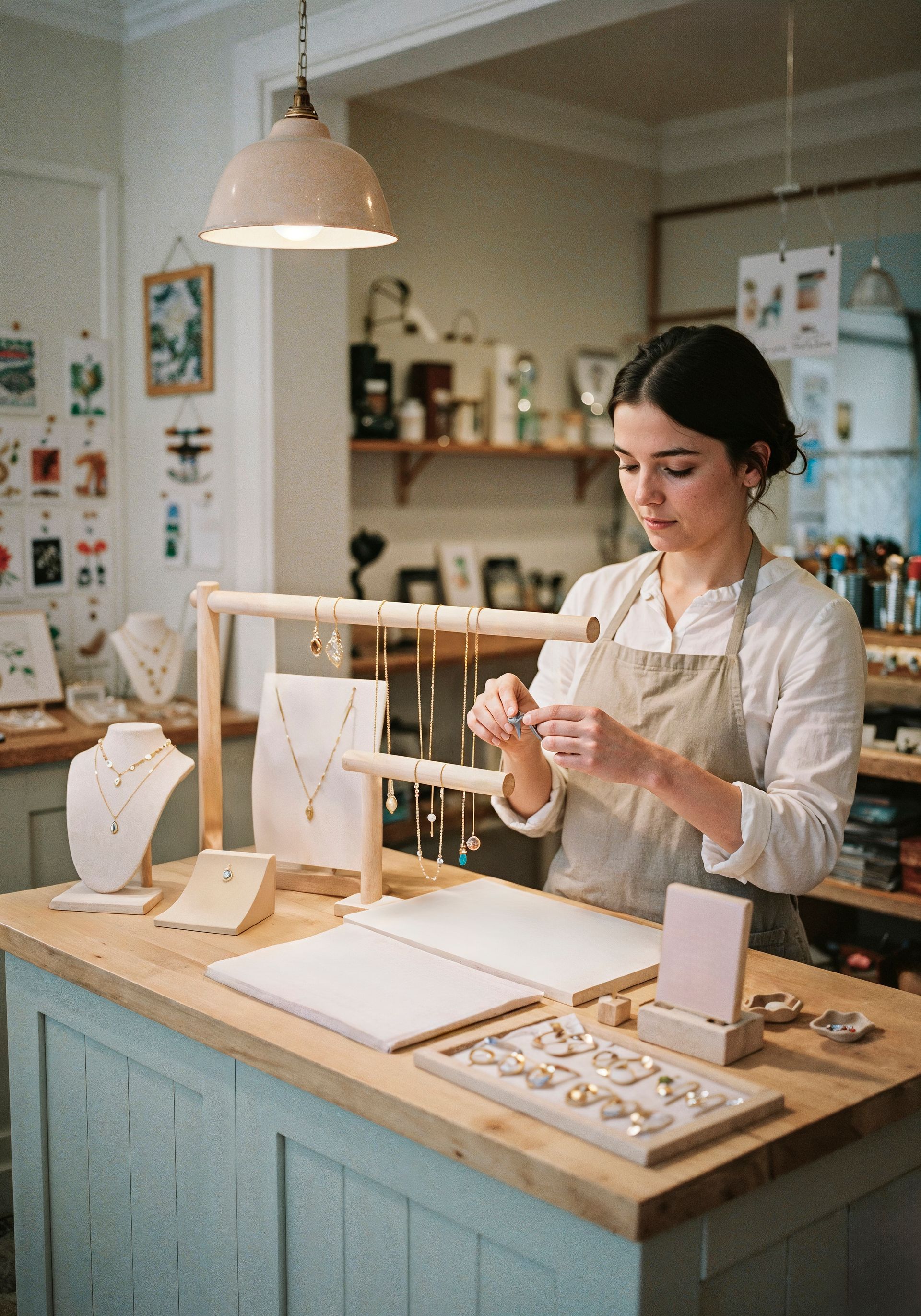 A person in a linen apron works at a wooden counter in a brightly lit shop, arranging jewelry on a display stand.