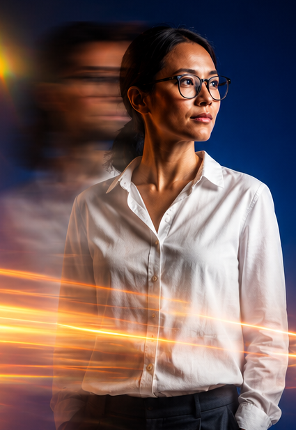 Portrait of a person in a white shirt and glasses, lit by orange light streaks against a dark blue background