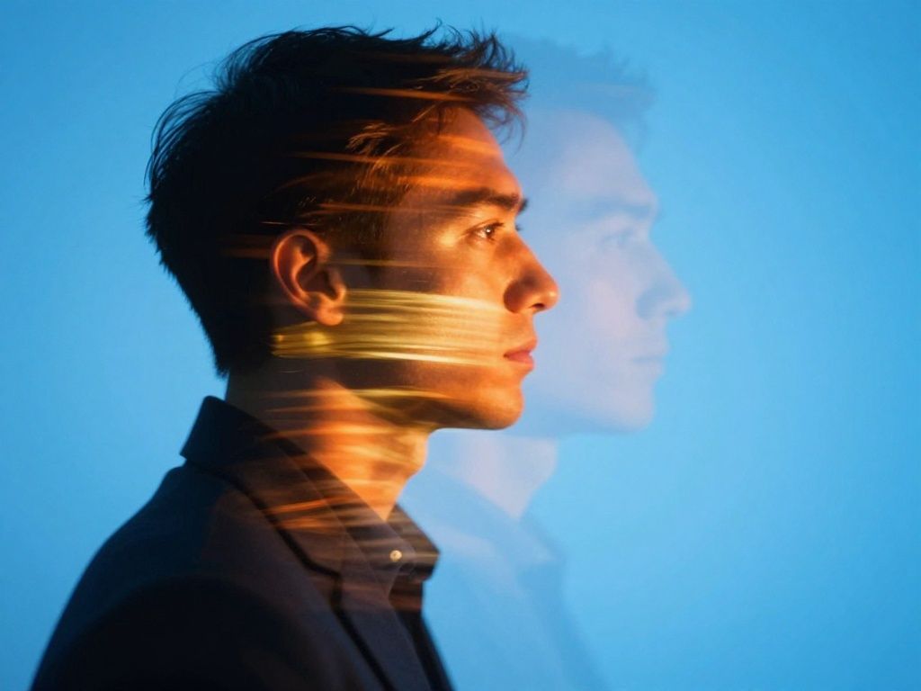 Side profile of a person with warm light streaks and a faint double exposure on a blue background