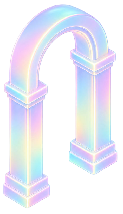Pastel iridescent arched doorway with two columns on a white background