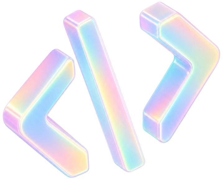 Iridescent pastel angle-bracket code icon with three glossy symbols on a white background