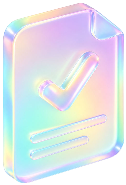 Iridescent document icon with a checkmark and two lines, resembling a verified file or form