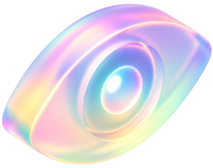 Iridescent translucent eye-shaped 3D object with pastel rainbow colors