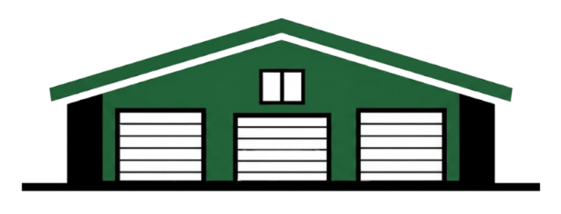Green garage with three white doors and a white gable roof