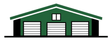 Green garage with three white doors and a white gable roof