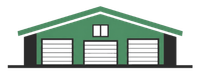 Green garage with three white doors and a white gable roof