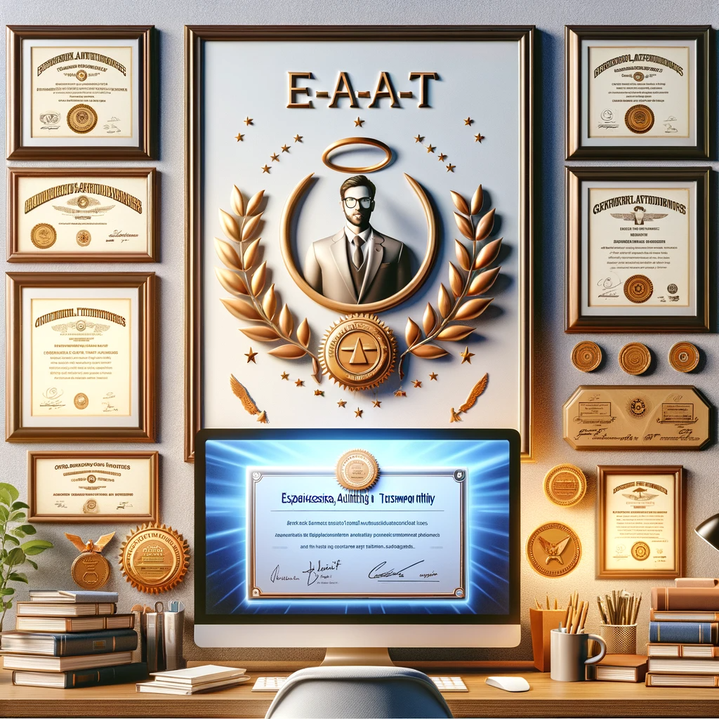 Professional therapist's office with diplomas, certifications, and a computer showing client testimonials, symbolizing E-A-T in therapy.