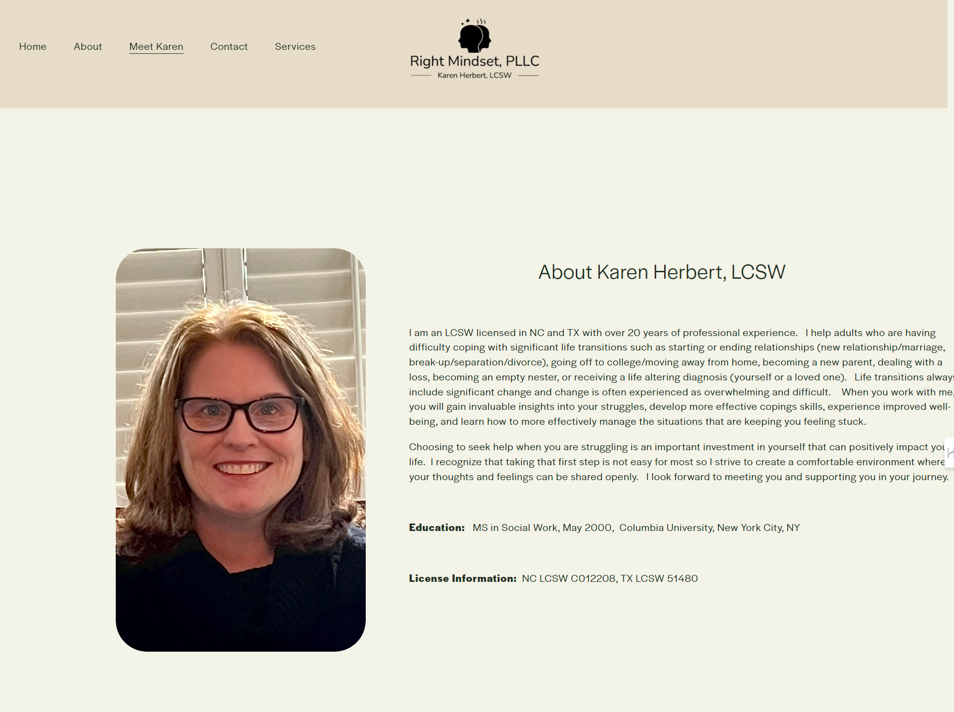 A woman wearing glasses is smiling on a website.
