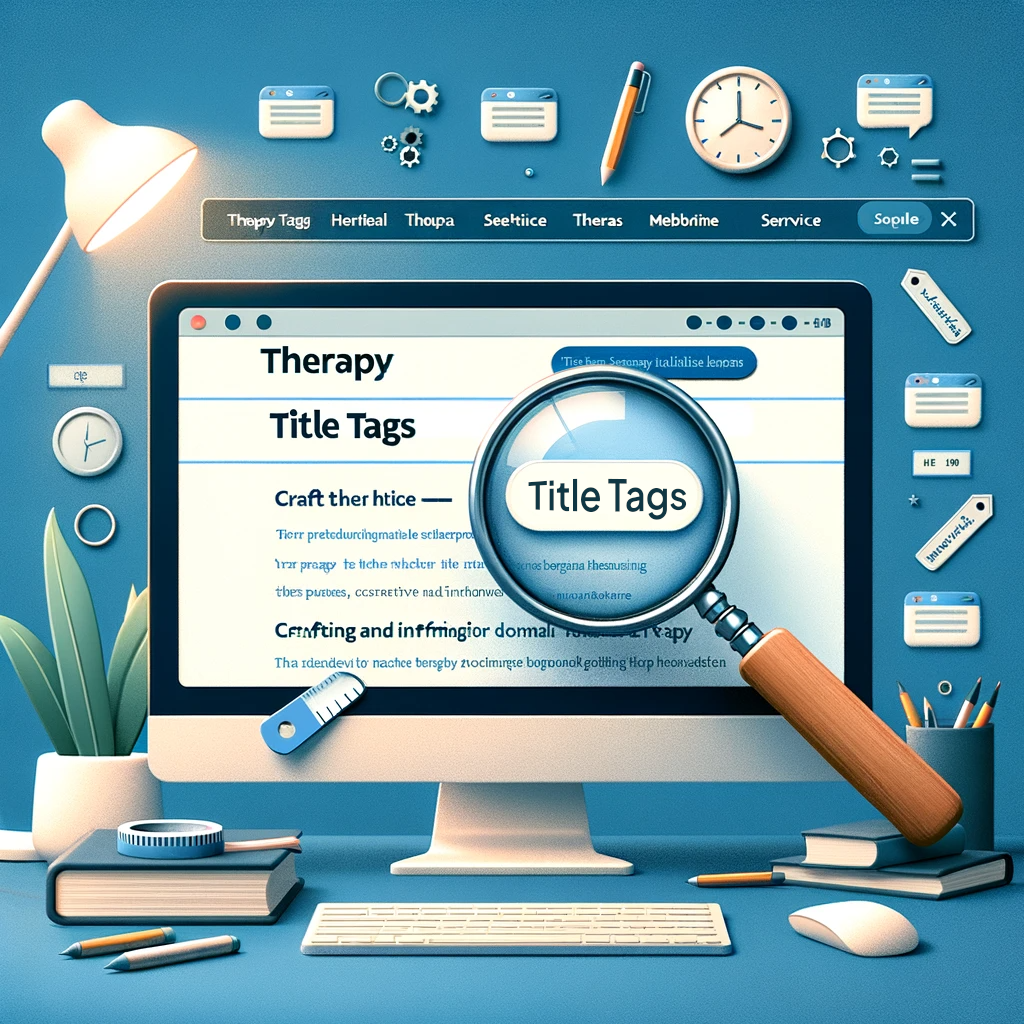 Computer screen displaying a therapy website with highlighted SEO title tags, showcasing effective online therapy service marketing.