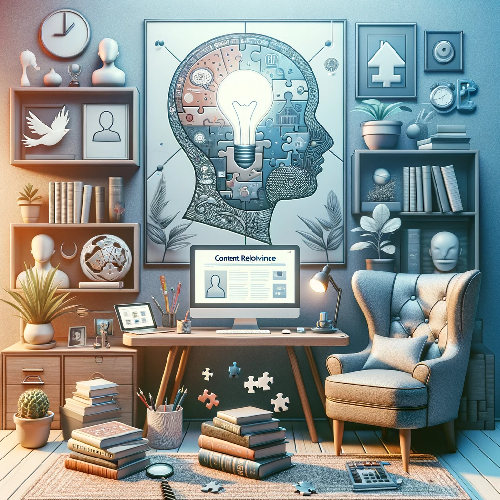 A therapist's office with books on psychology and a computer showing a website, symbolizing content relevance in therapy and mental health.