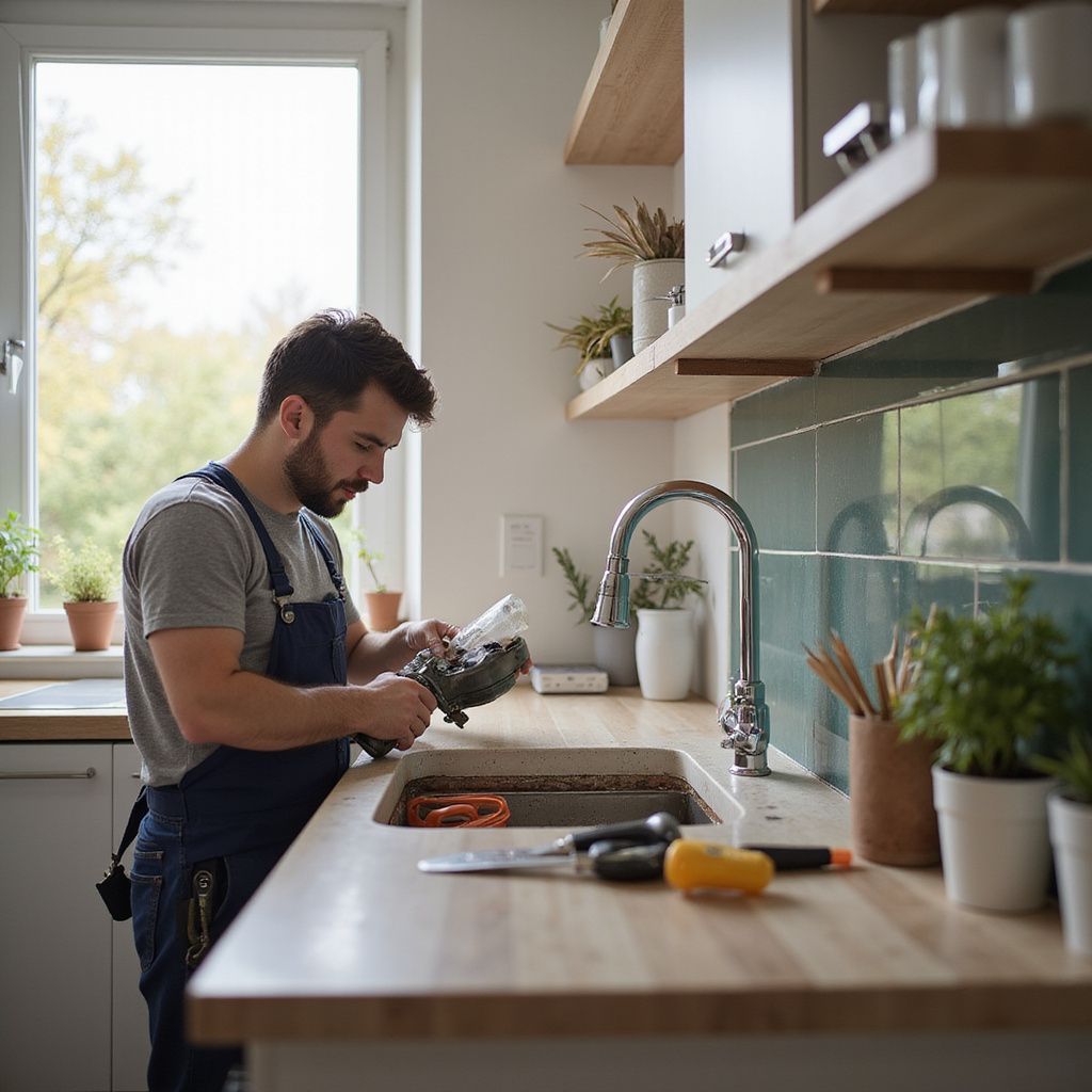 A person repairs a faucet in a kitchen. The person wears overalls and stands at a sink.