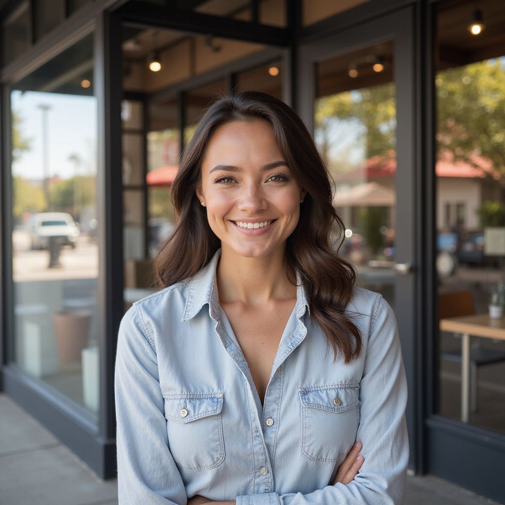 Woman in blue button-down shirt smiling, standing outside a business with glass doors and windows.