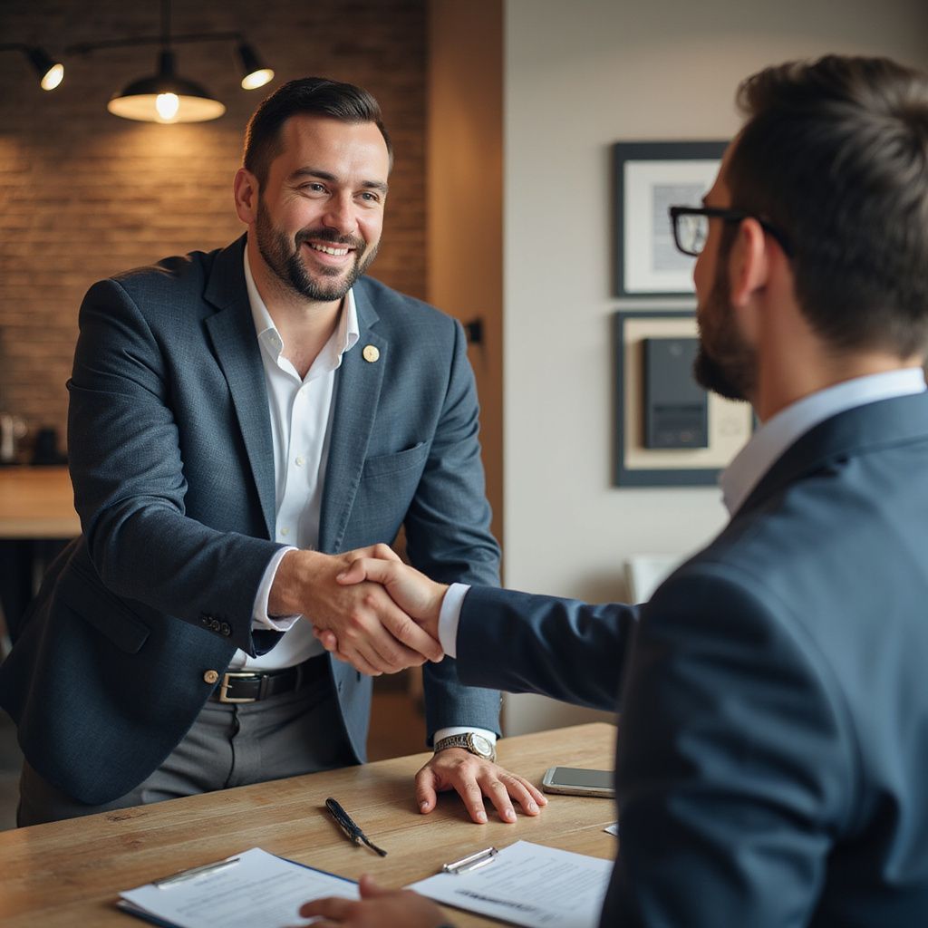 Two men in suits shaking hands at a wooden desk, smiling, in an office.