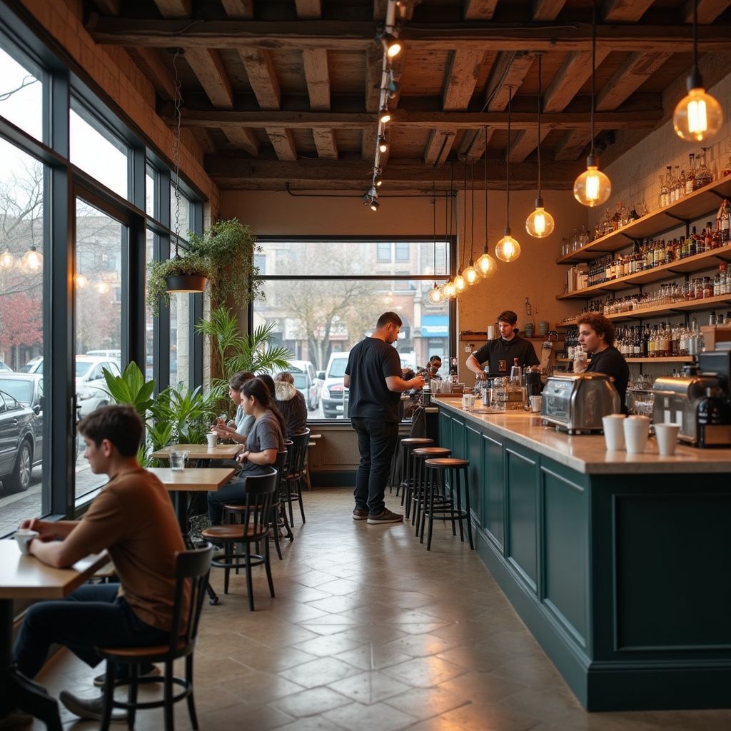 Interior of a cafe with people sitting and a barista behind the counter, wood ceiling, large windows.