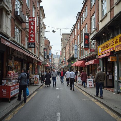 Street scene in a Chinatown. Pedestrians walk between shops with red awnings and Chinese signage, under a cloudy sky.