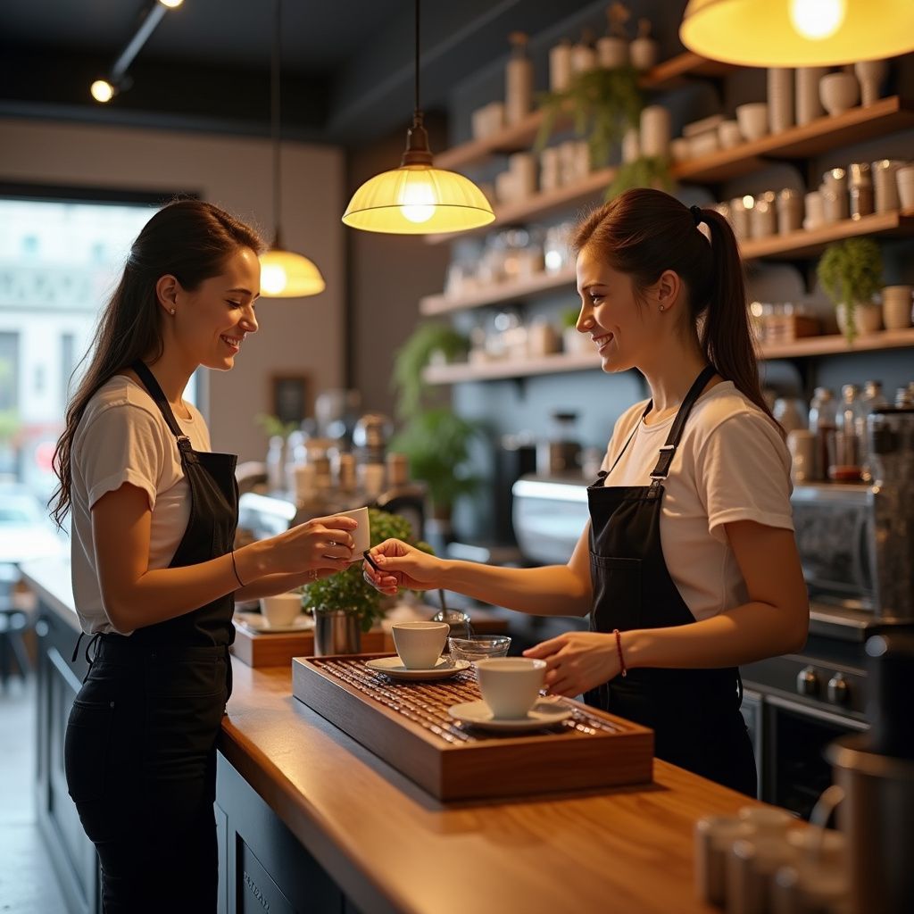 Two baristas in a cafe, preparing coffee. They are smiling and standing behind a counter with cups and a wooden tray.