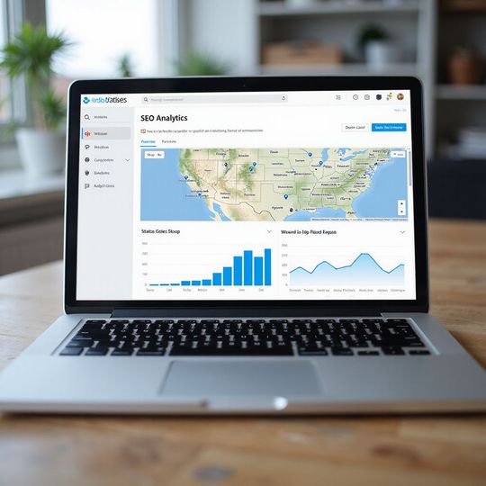 Laptop displaying a dashboard with data visualizations and a map of the United States.