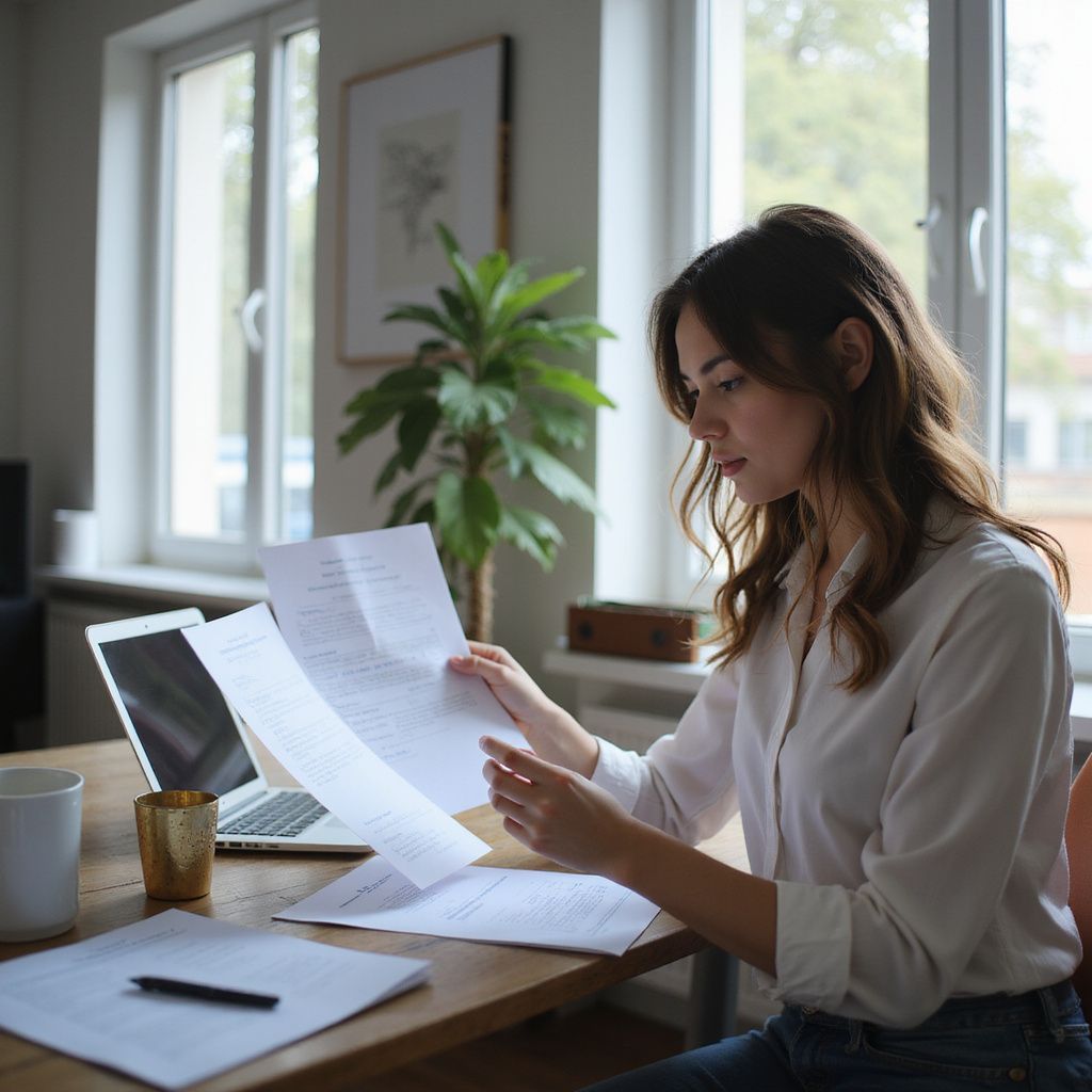 Woman in white shirt reviews documents at a desk, laptop open, mug and pen present, natural light.