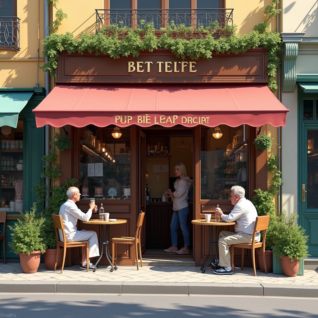 Cafe exterior with red awning, two patrons seated, one standing inside. Brown sign says