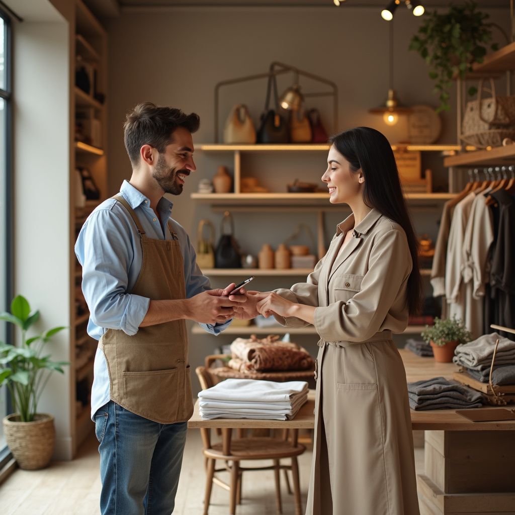 Man in apron hands phone to a woman in a store; both are smiling.
