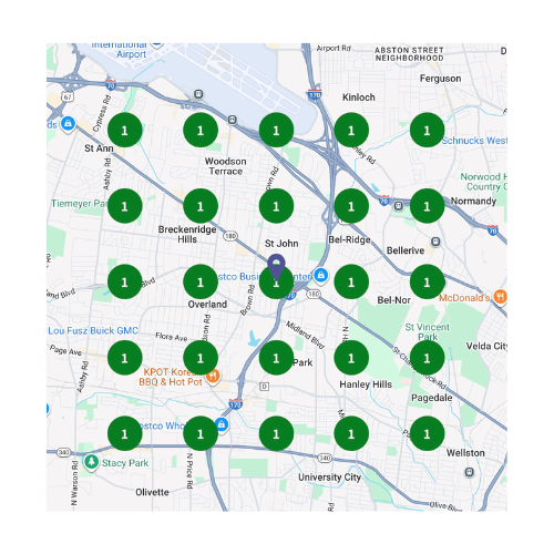 Map of an area with numbered green circles marking locations.