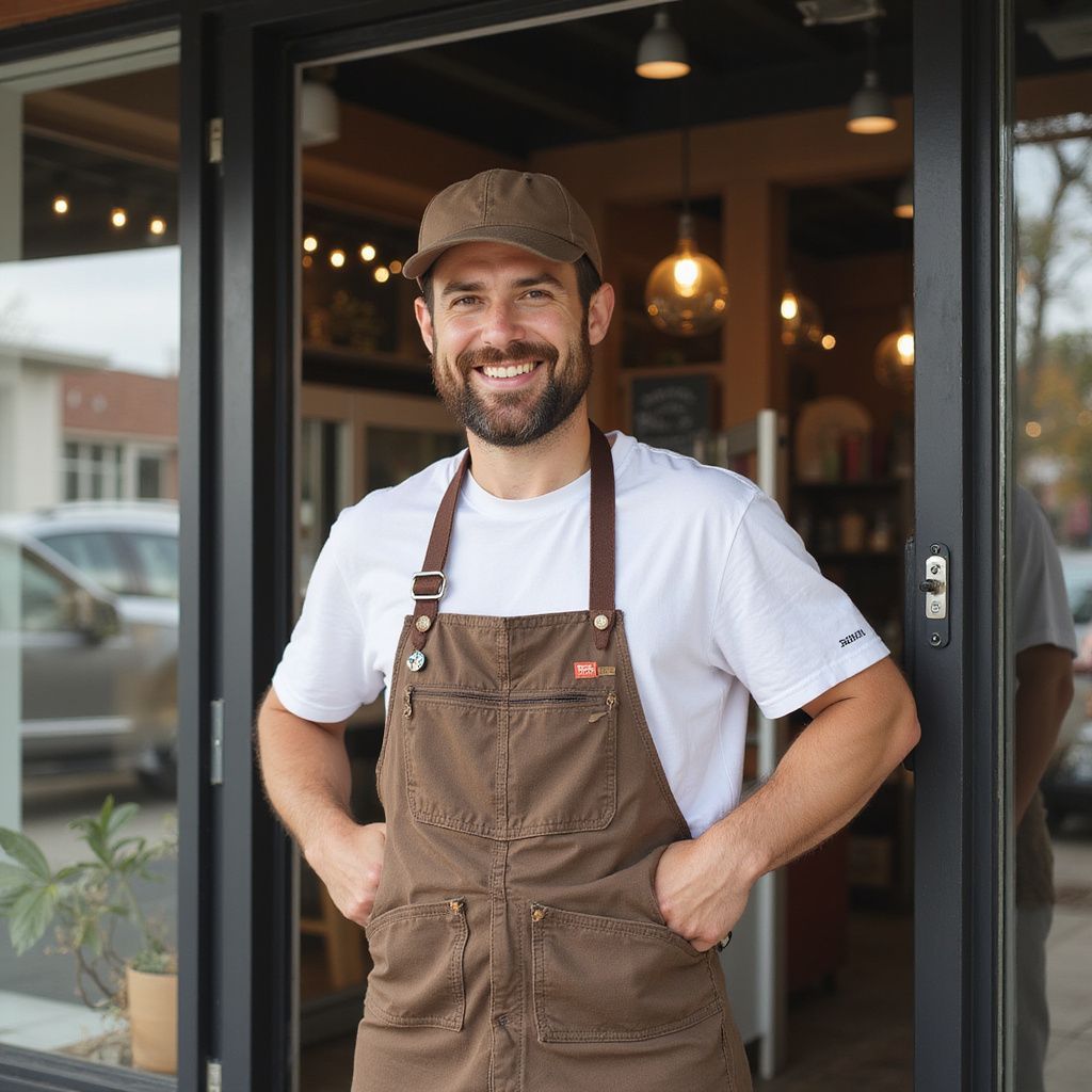 Man with a beard, wearing an apron and cap, smiling, standing in a doorway.