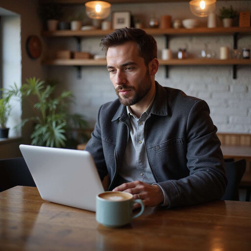 Man in gray jacket working on laptop at cafe table with coffee.