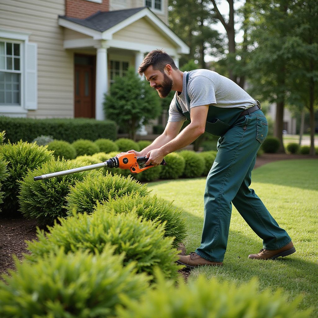 Man using hedge trimmer to shape bushes in front yard.