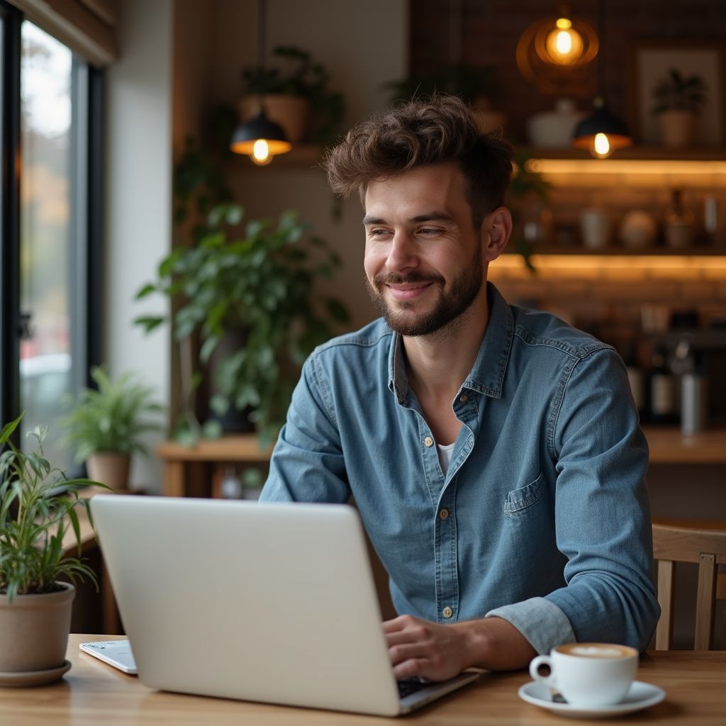 Man smiling, typing on a laptop at a cafe table with a coffee cup and plants.
