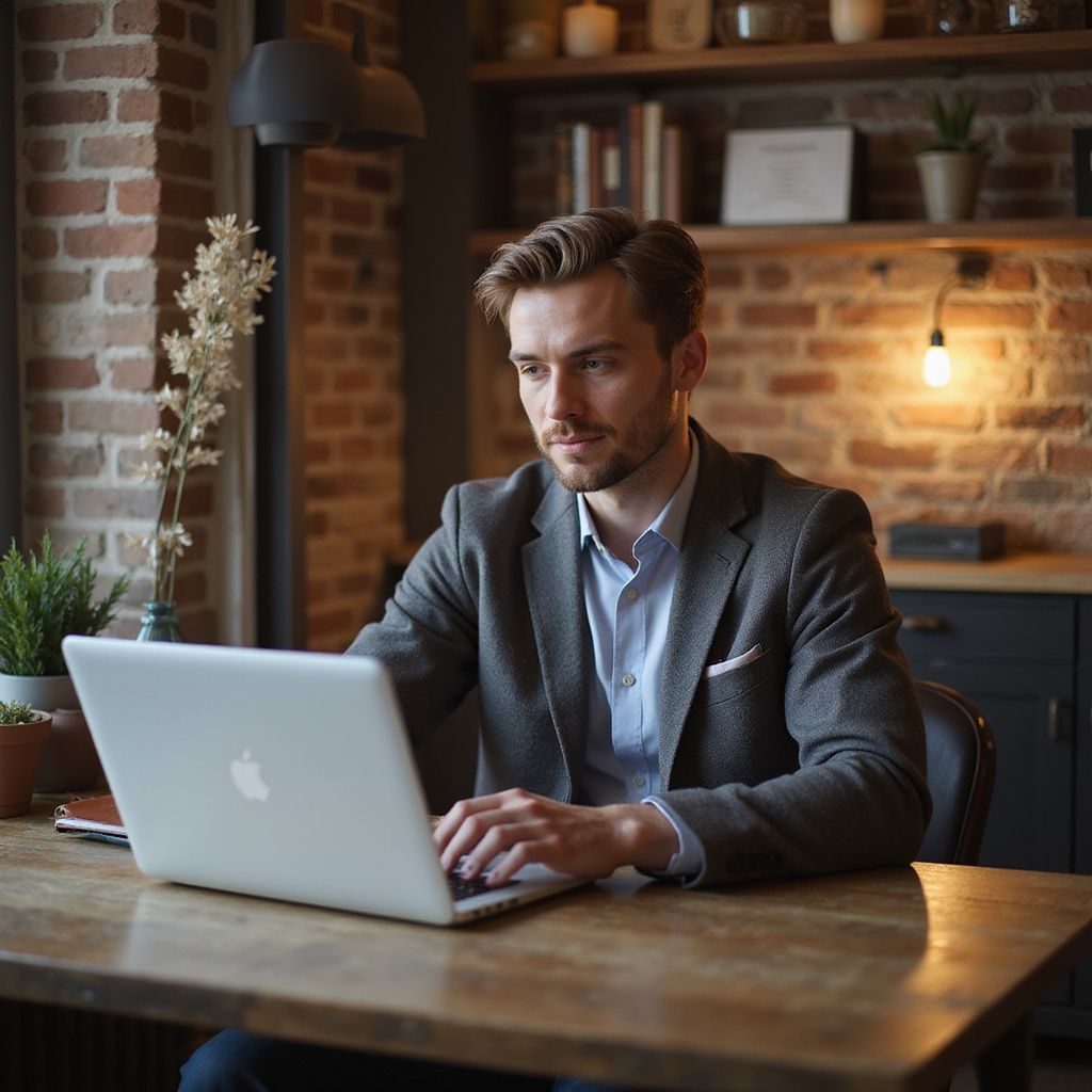 Man in blazer using laptop at a wooden desk near a brick wall and window.