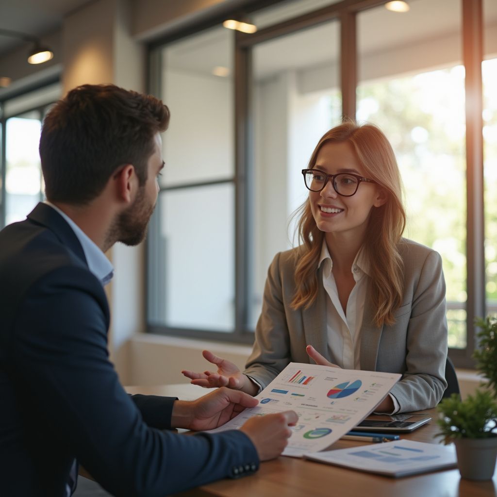 Woman in glasses smiles, explaining charts to a man at a table in an office.