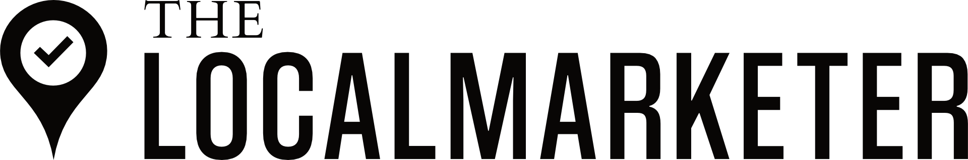 Logo of “The Local Marketer”. A black location pin icon with a checkmark. Black text.