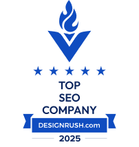DesignRush logo: Blue torch within a V-shape, 