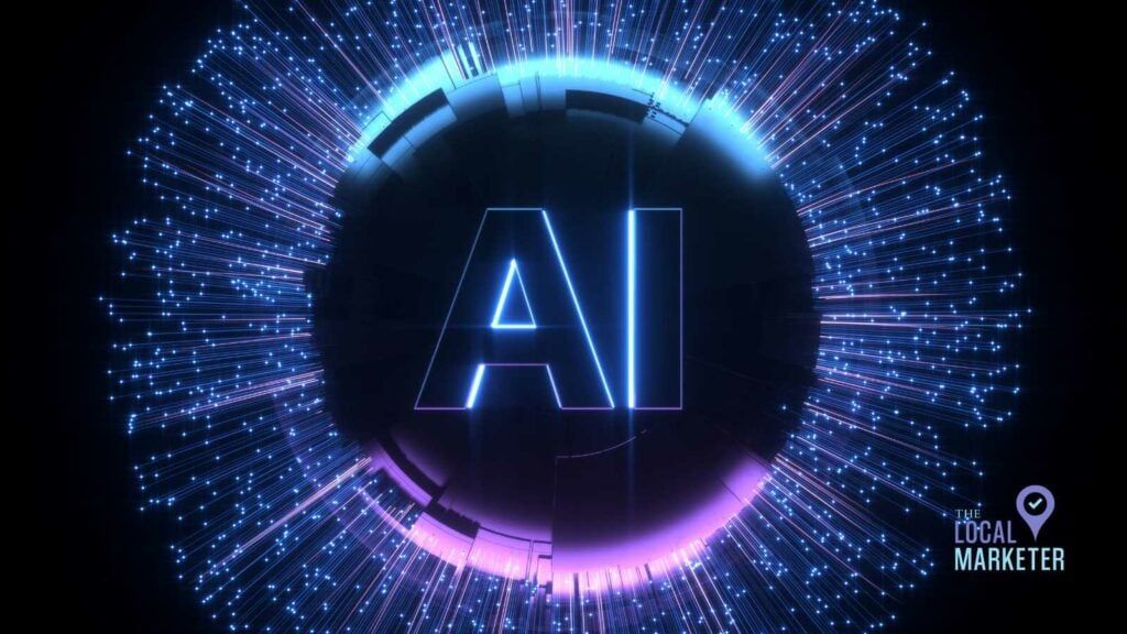 Glowing AI text within a futuristic circle, surrounded by radiating blue light streaks.
