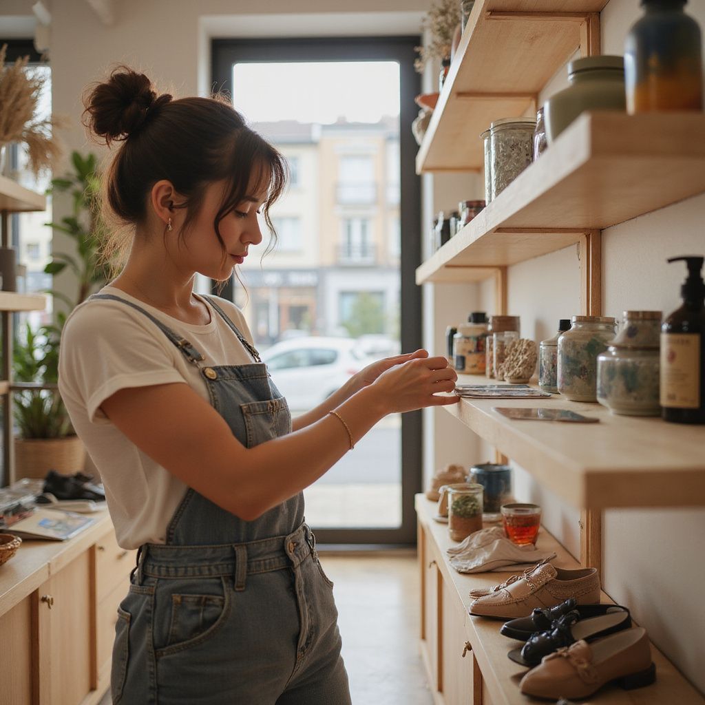 Woman in overalls arranging items on store shelf. Wooden shelves with products and shoes visible.
