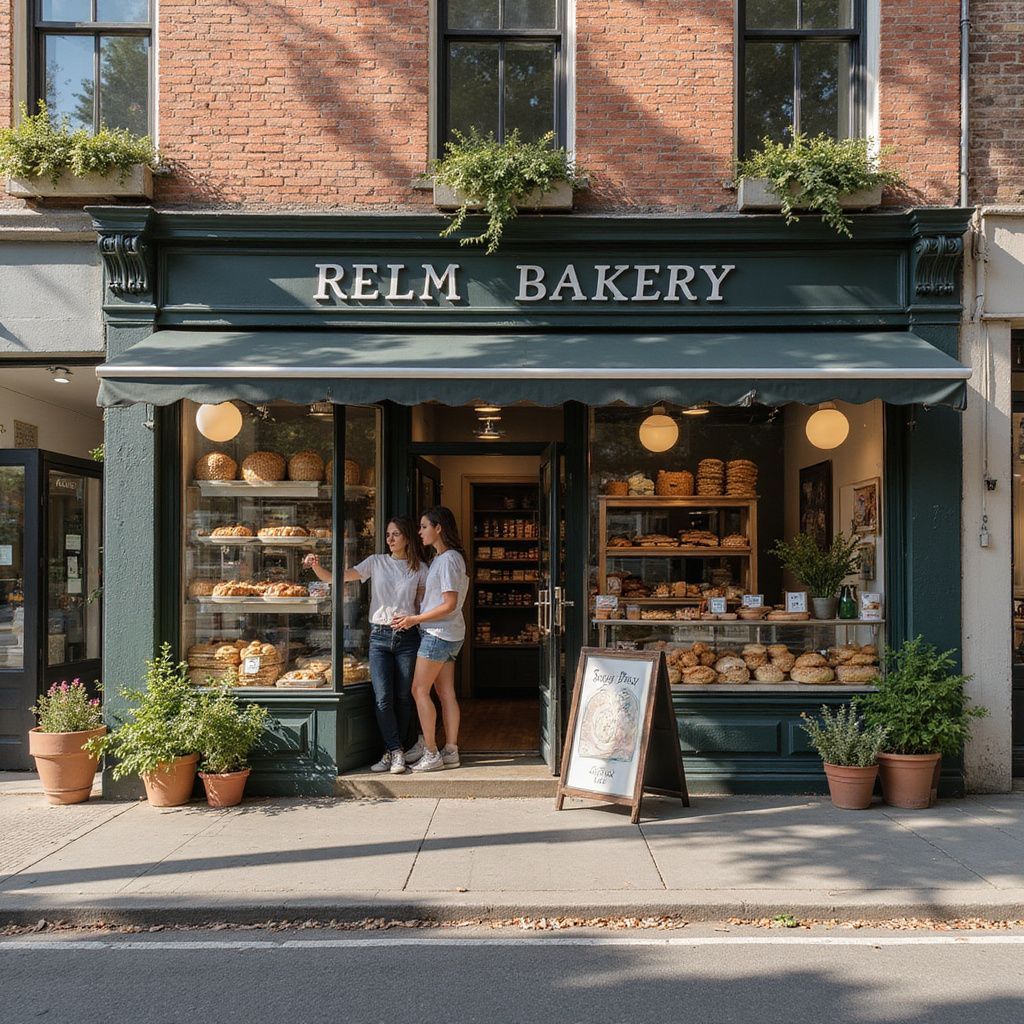 Bakery storefront with awning, two people standing in doorway. Green and brick exterior, baked goods visible in display.