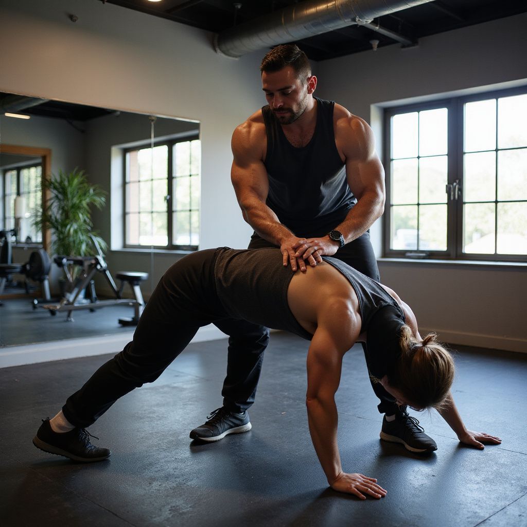Gym setting: Trainer guiding a person in a plank stretch, hands on their back, both wearing black.