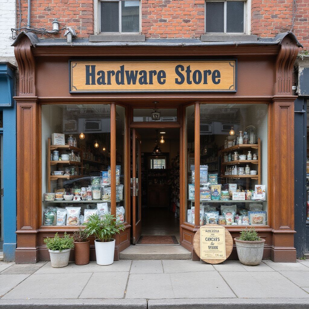 Hardware store front with wooden trim, sign, and display windows full of goods.