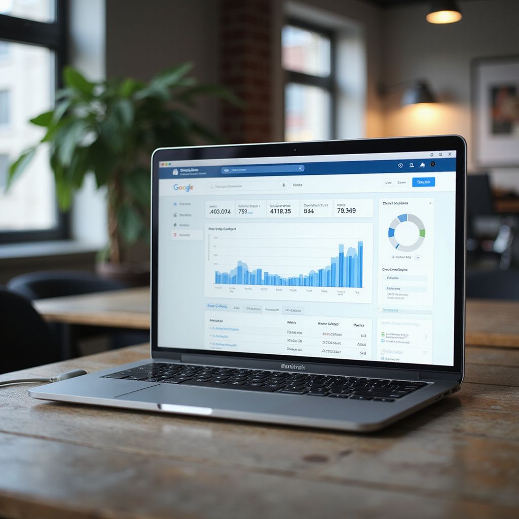 Laptop displaying business data graphs on a wooden table near a window.