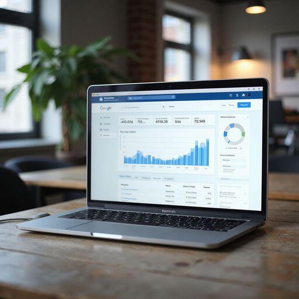 Laptop displaying business data graphs on a wooden table near a window.