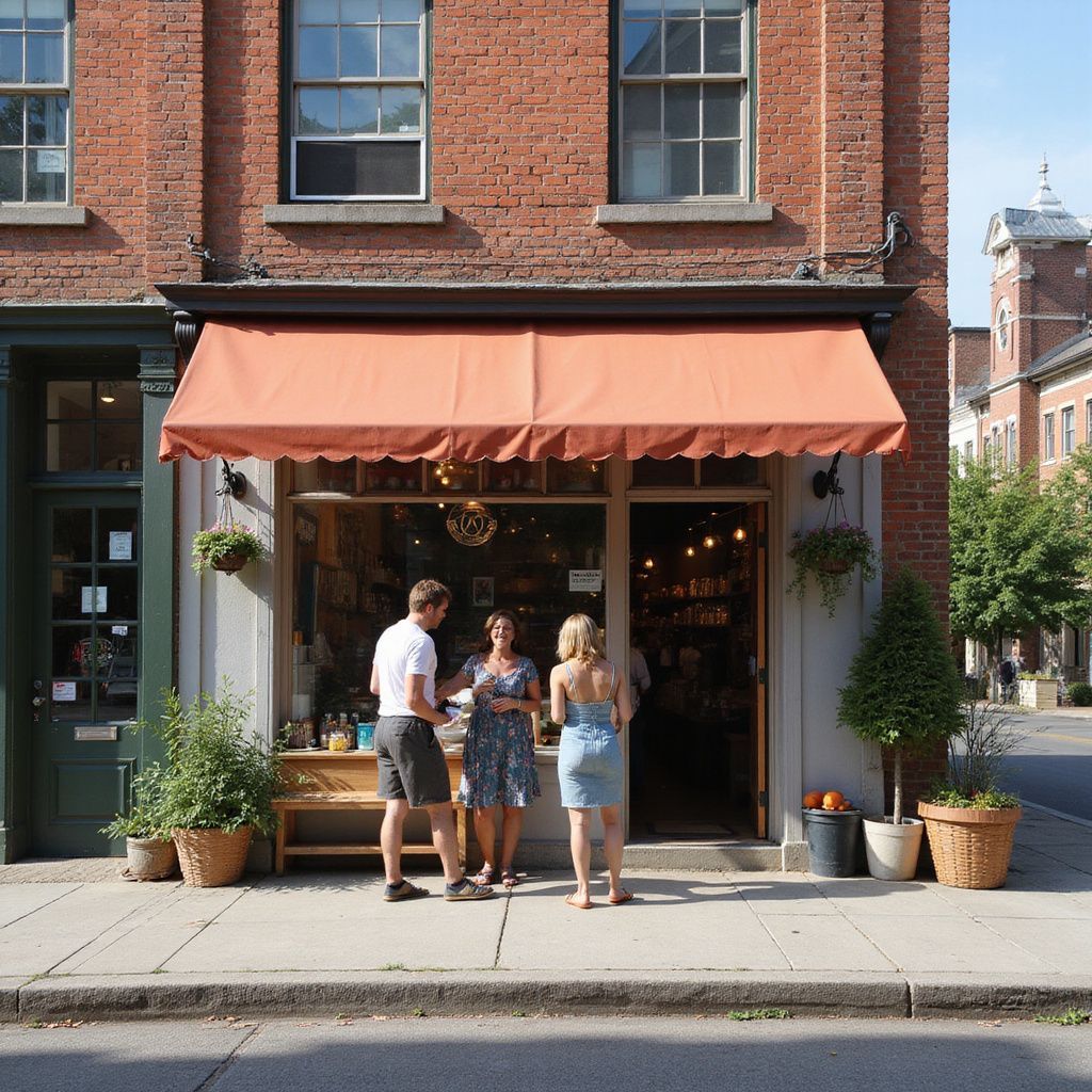 People outside a shop under an orange awning. Brick building with street view.