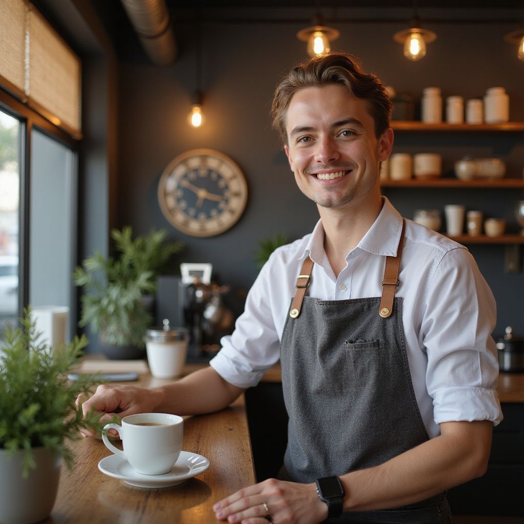 Man in apron smiles, holding a coffee cup in a cafe, leaning on a wooden counter.