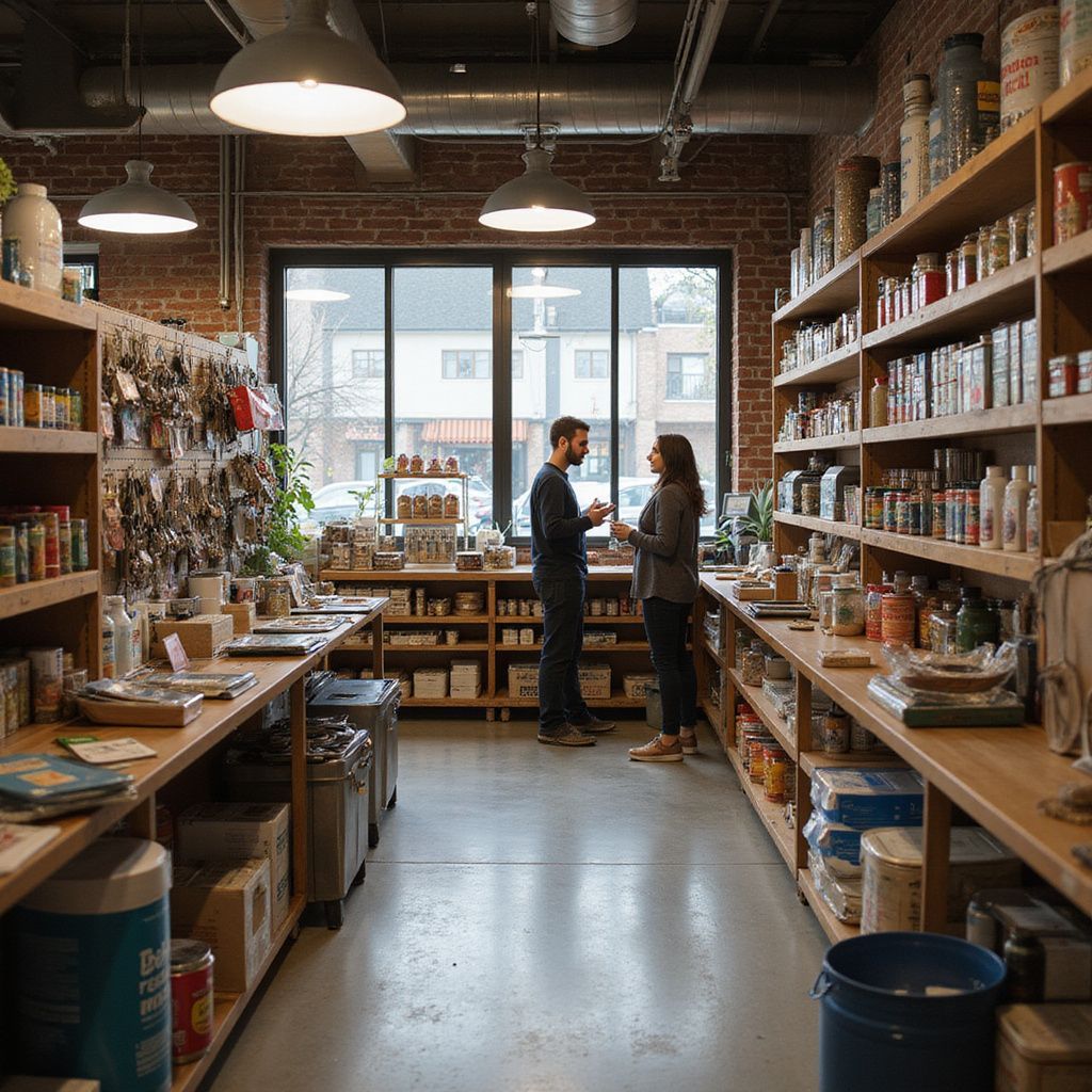 Couple conversing in a well-stocked store, surrounded by shelves of jars and bottles.