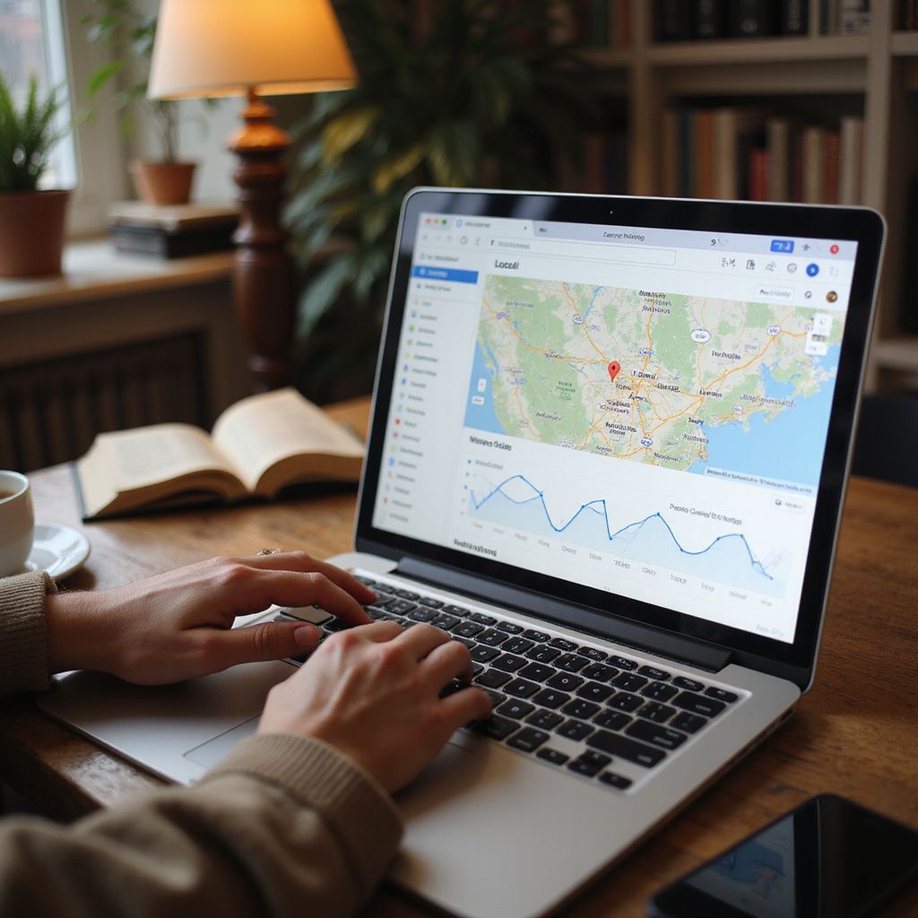Person typing on a laptop with a map and graph displayed, coffee and a book on a wooden desk.