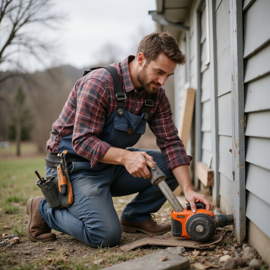 Man in overalls kneels, using a tool to work on the siding of a building.