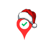 Red location pin with a Santa hat and a green checkmark.