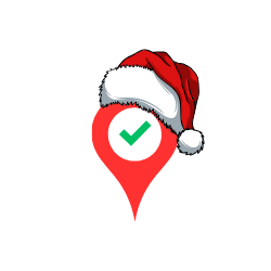 Red location pin with a Santa hat and a green checkmark.
